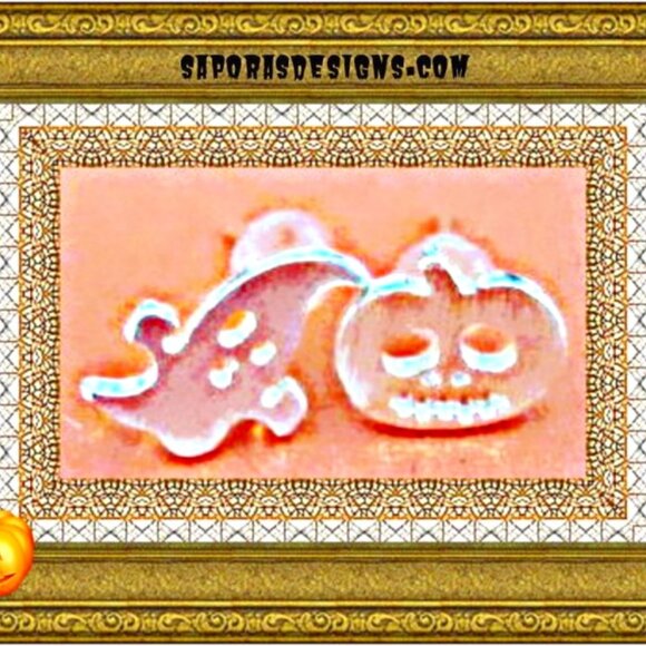 Silver Plated Ghost/Pumpkin Design Stud Halloween Earrings - Picture 1 of 1